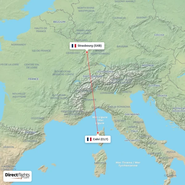 Calvi - Strasbourg direct flight map