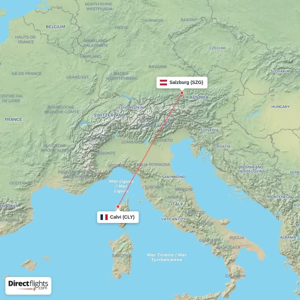 Calvi - Salzburg direct flight map