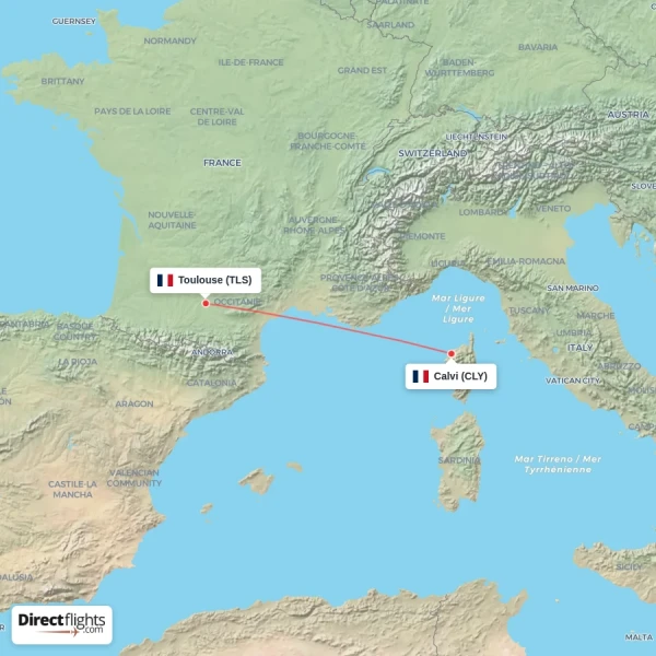 Calvi - Toulouse direct flight map
