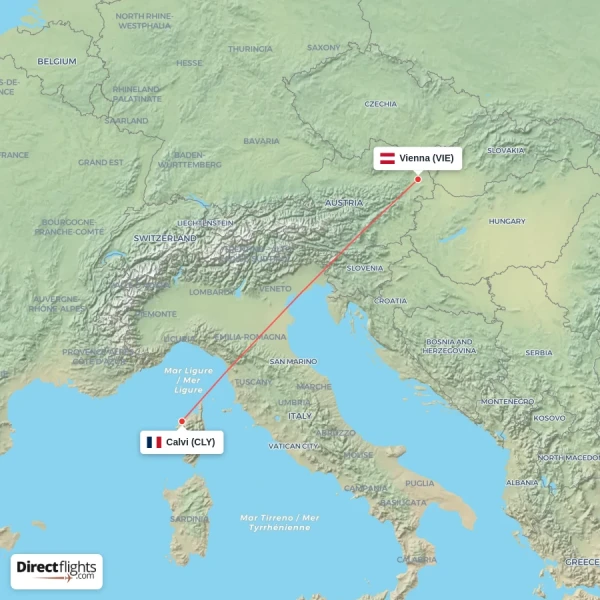 Calvi - Vienna direct flight map