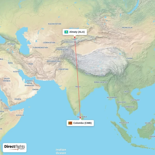 Colombo - Almaty direct flight map