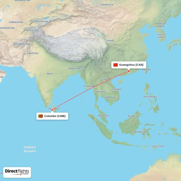 Colombo - Guangzhou direct flight map
