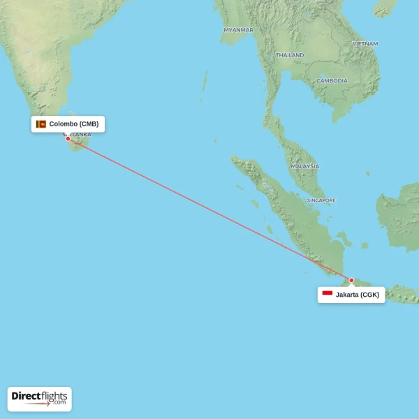 Colombo - Jakarta direct flight map
