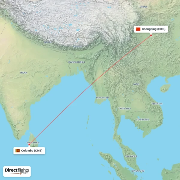 Colombo - Chongqing direct flight map