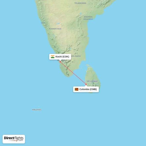 Colombo - Kochi direct flight map