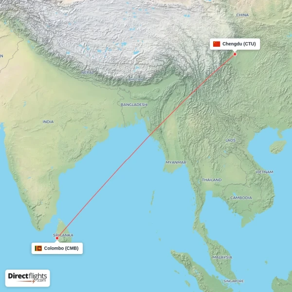 Colombo - Chengdu direct flight map