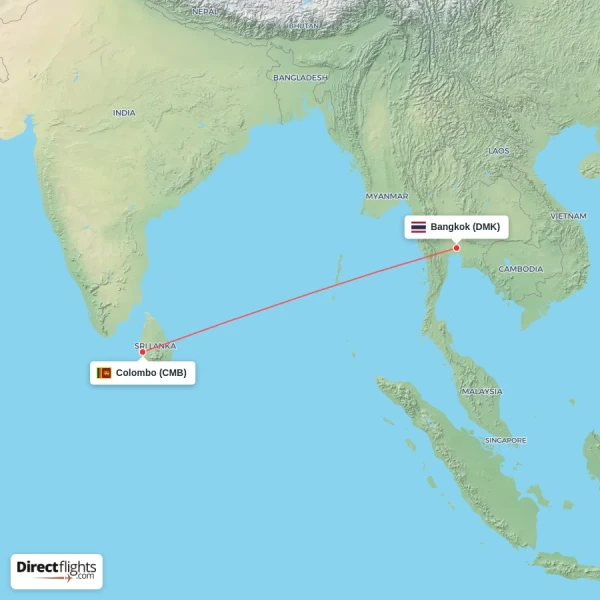 Colombo - Bangkok direct flight map