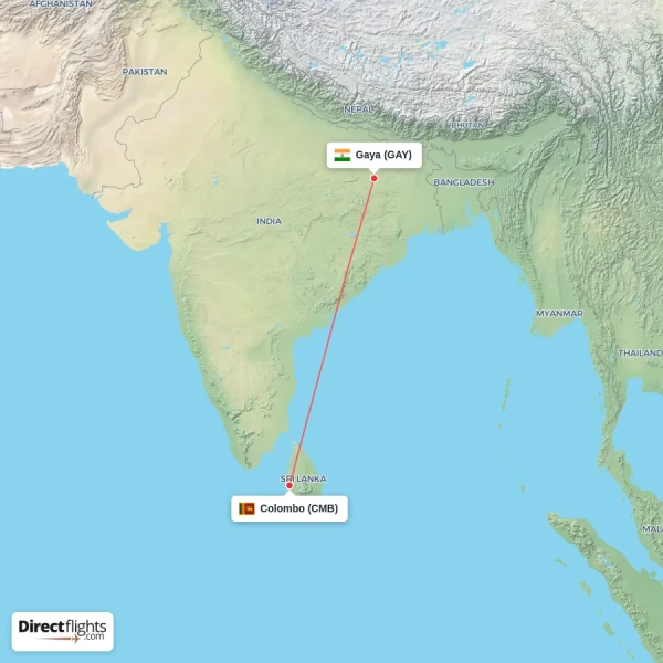 Colombo - Gaya direct flight map
