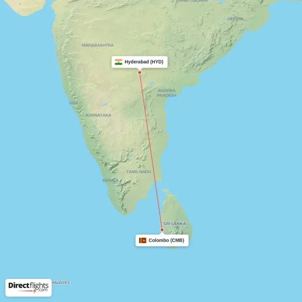 Colombo - Hyderabad direct flight map