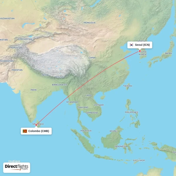 Colombo - Seoul direct flight map