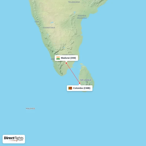 Colombo - Madurai direct flight map