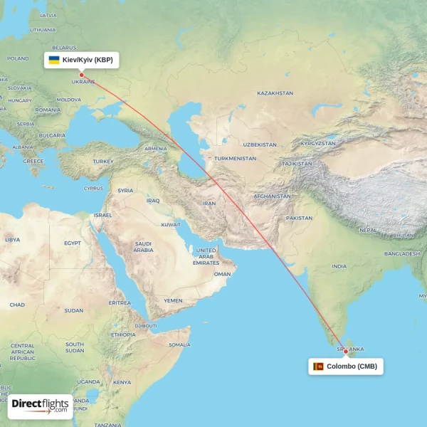 Colombo - Kiev/Kyiv direct flight map