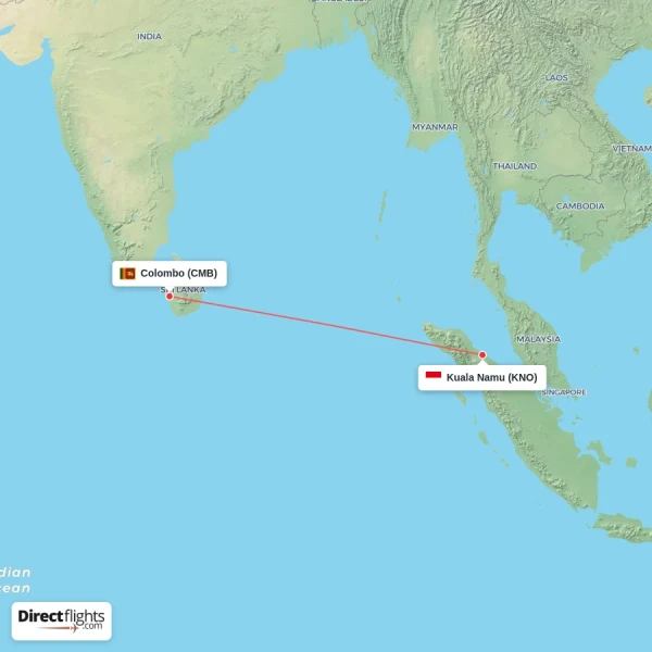 Colombo - Kuala Namu direct flight map