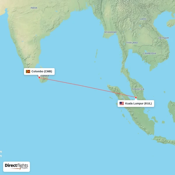 Colombo - Kuala Lumpur direct flight map