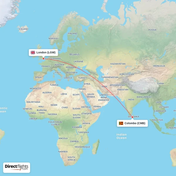 Colombo - London direct flight map