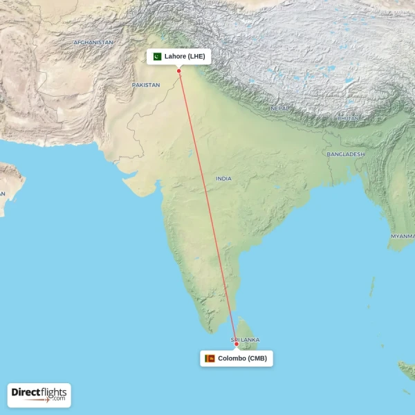Colombo - Lahore direct flight map