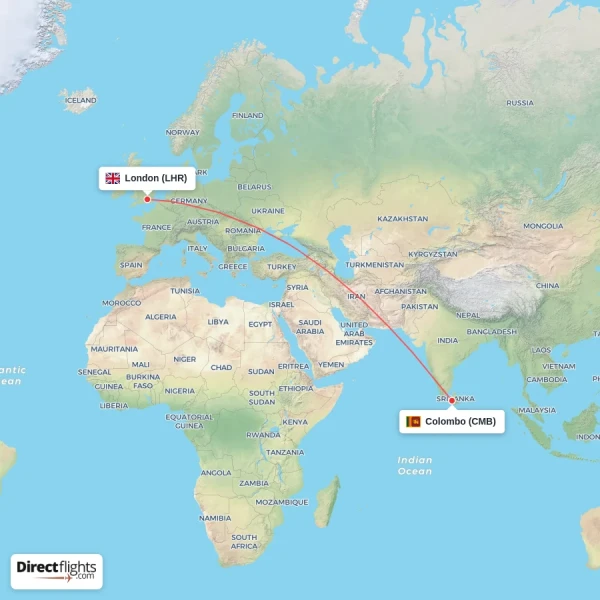 Colombo - London direct flight map
