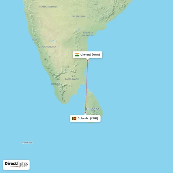 Colombo - Chennai direct flight map