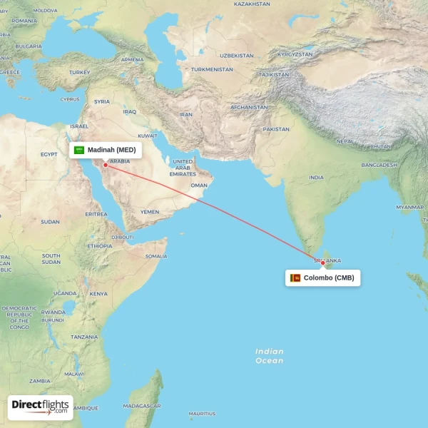 Colombo - Madinah direct flight map