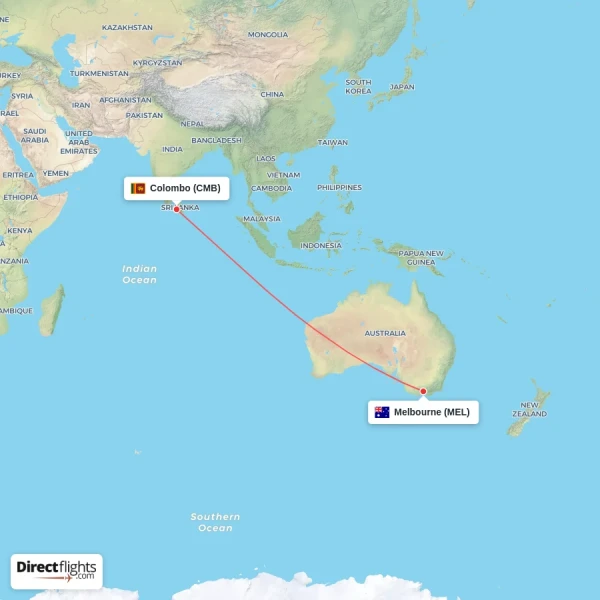 Colombo - Melbourne direct flight map