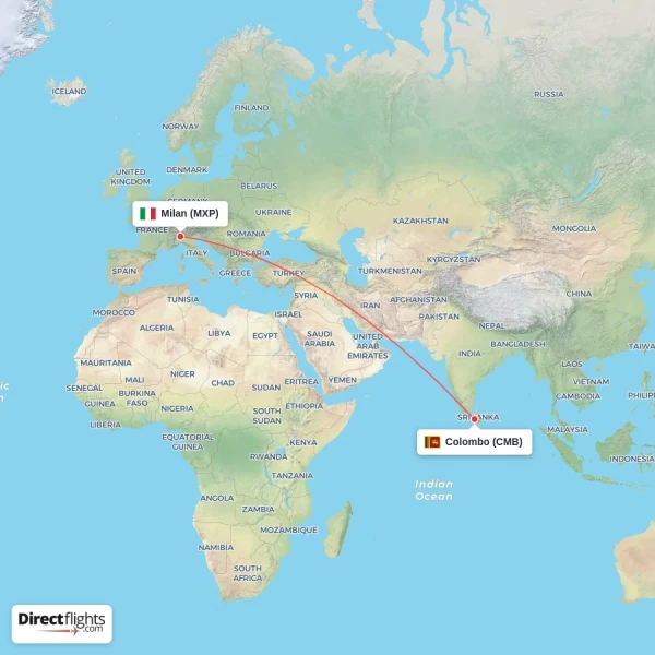 Colombo - Milan direct flight map