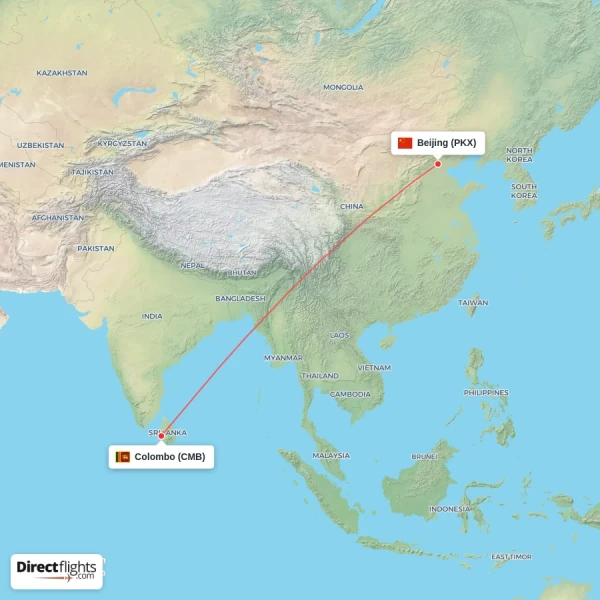 Colombo - Beijing direct flight map