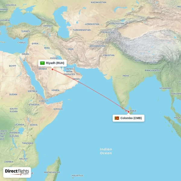 Colombo - Riyadh direct flight map