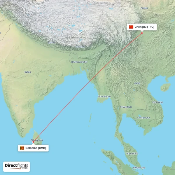 Colombo - Chengdu direct flight map