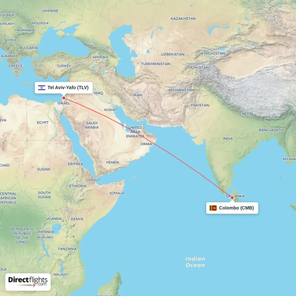 Colombo - Tel Aviv-Yafo direct flight map