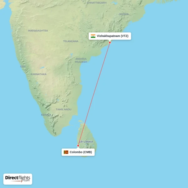 Colombo - Vishakhapatnam direct flight map