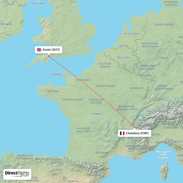 Chambery - Exeter direct flight map