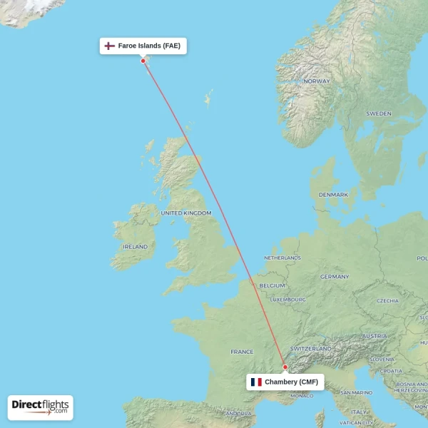 Chambery - Faroe Islands direct flight map