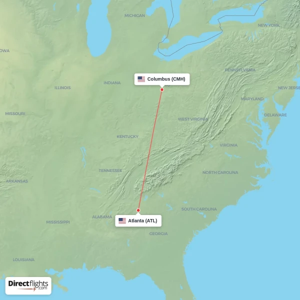 Columbus - Atlanta direct flight map