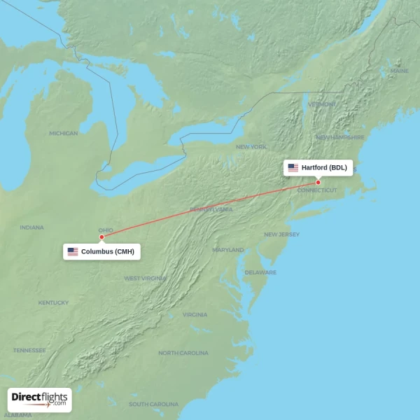 Columbus - Hartford direct flight map