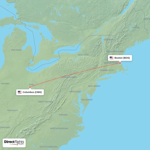 Columbus - Boston direct flight map