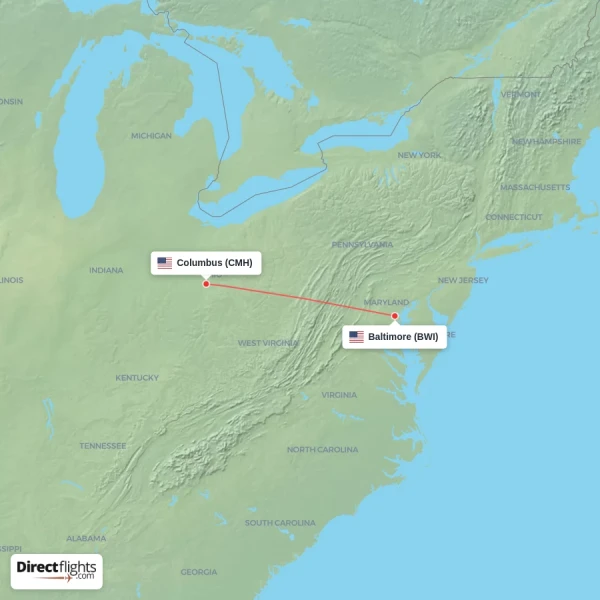 Columbus - Baltimore direct flight map