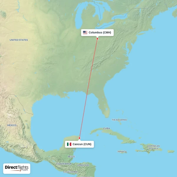 Columbus - Cancun direct flight map