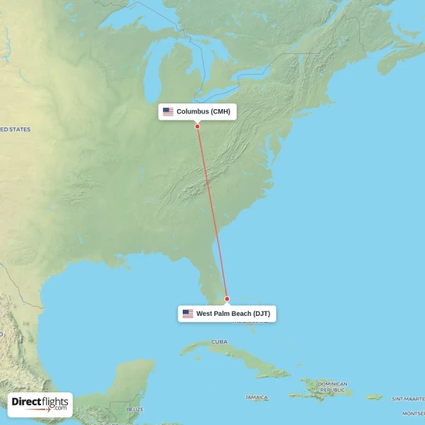 Columbus - West Palm Beach direct flight map
