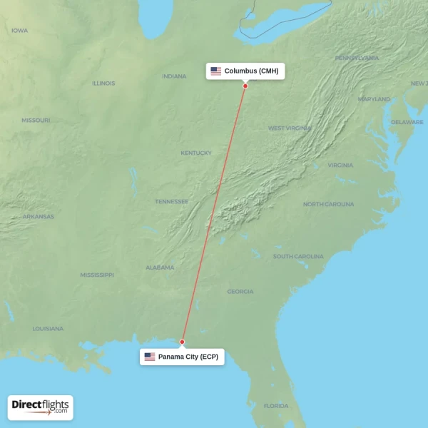 Columbus - Panama City direct flight map
