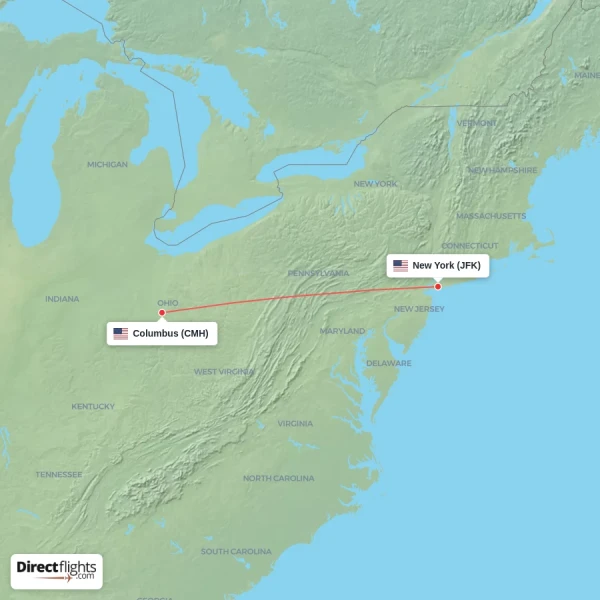 Columbus - New York direct flight map