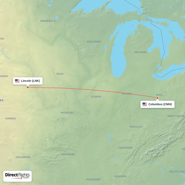 Columbus - Lincoln direct flight map