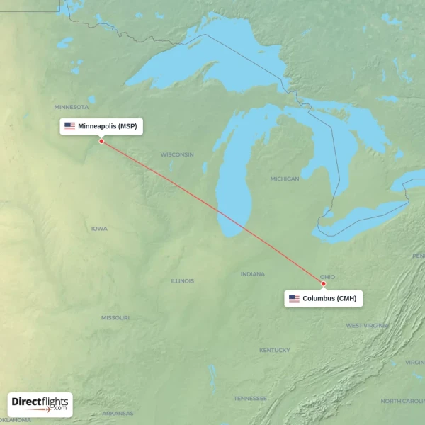 Columbus - Minneapolis direct flight map