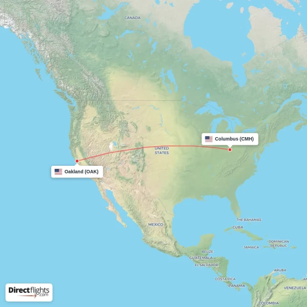 Columbus - Oakland direct flight map