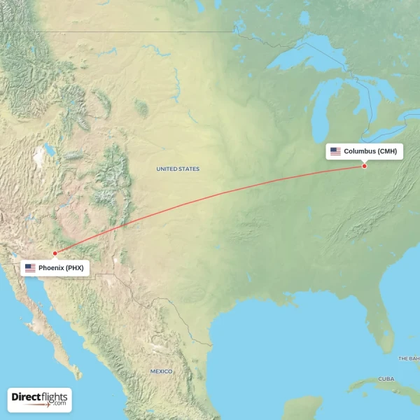 Columbus - Phoenix direct flight map