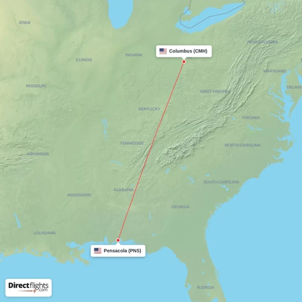 Columbus - Pensacola direct flight map