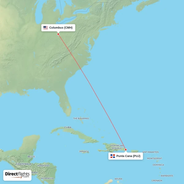 Columbus - Punta Cana direct flight map