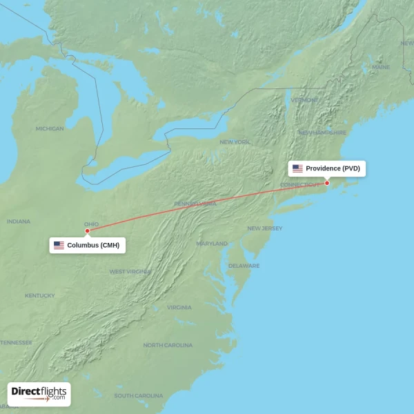 Columbus - Providence direct flight map