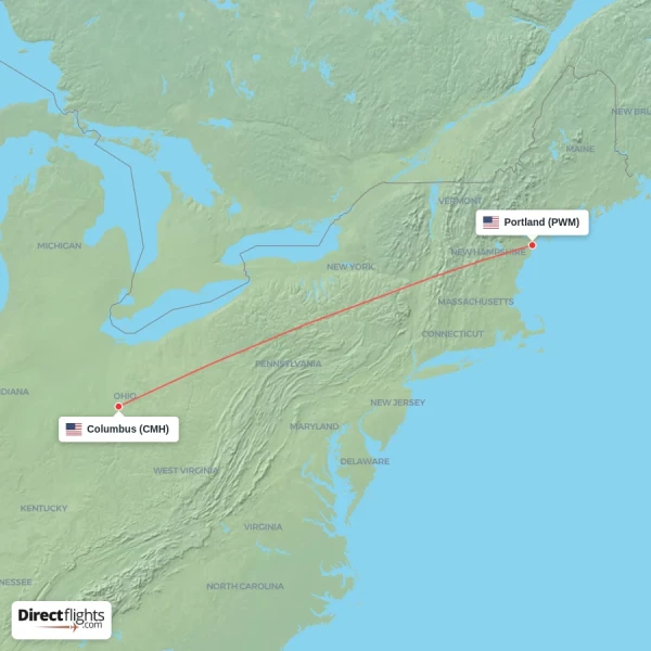 Columbus - Portland direct flight map
