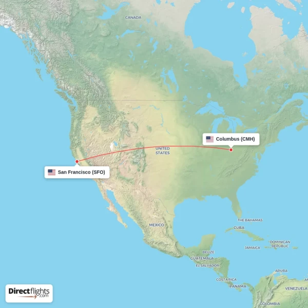 Columbus - San Francisco direct flight map