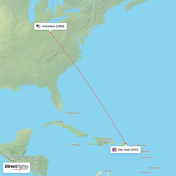 Columbus - San Juan direct flight map